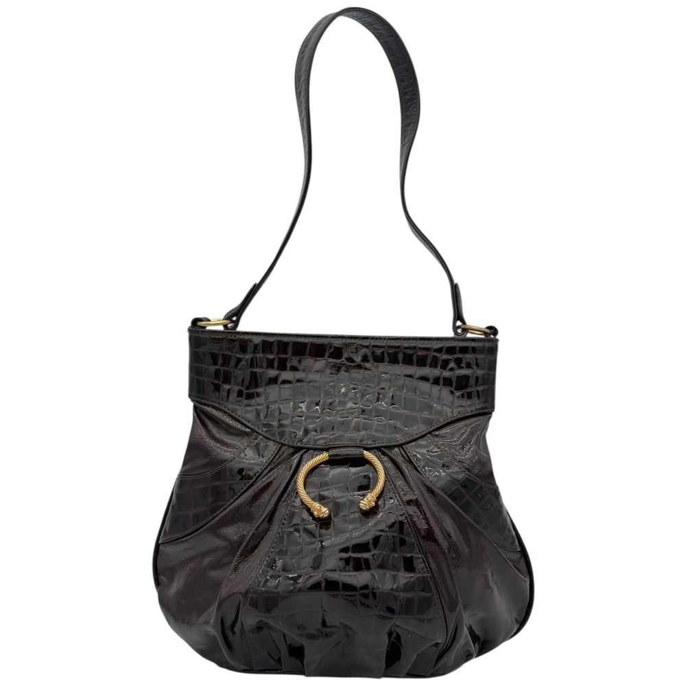 KUDRA STUDIOS Croc Embossed Leather Shoulder Bag Brown Gold Ring Hobo USA
